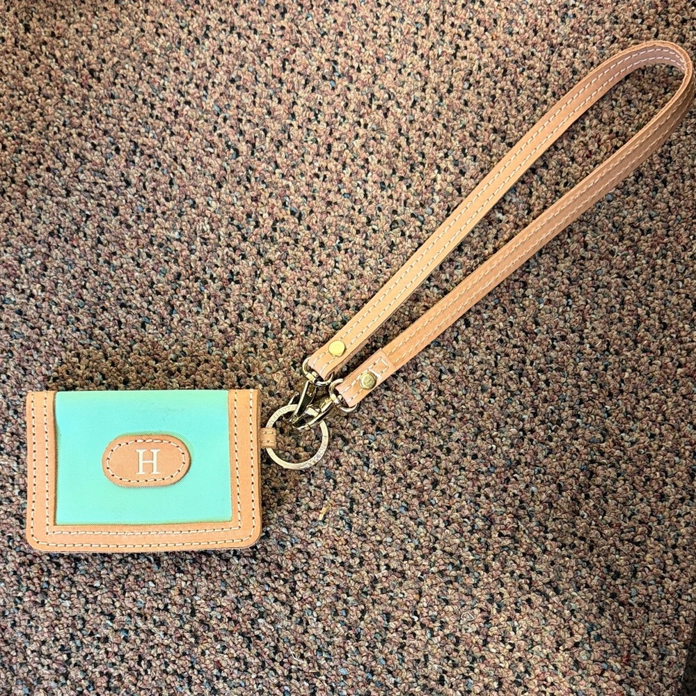 Jon Hart Teal and Tan Card Holder with Wrist Strap with letter "H"